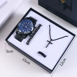 Men’s 4-in-1 Black Fashion Watch Gift Set – Watch, Cross Necklace, Bracelet & Ring