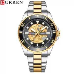 curren 8412 luxury skeleton quartz men watch gold silver stainless steel