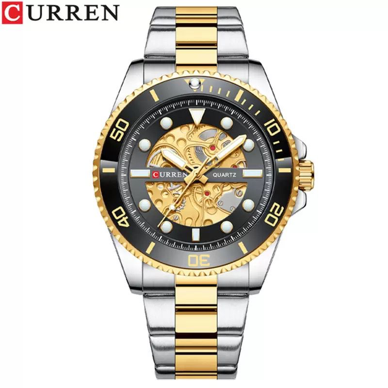 curren 8412 luxury skeleton quartz men watch gold silver stainless steel
