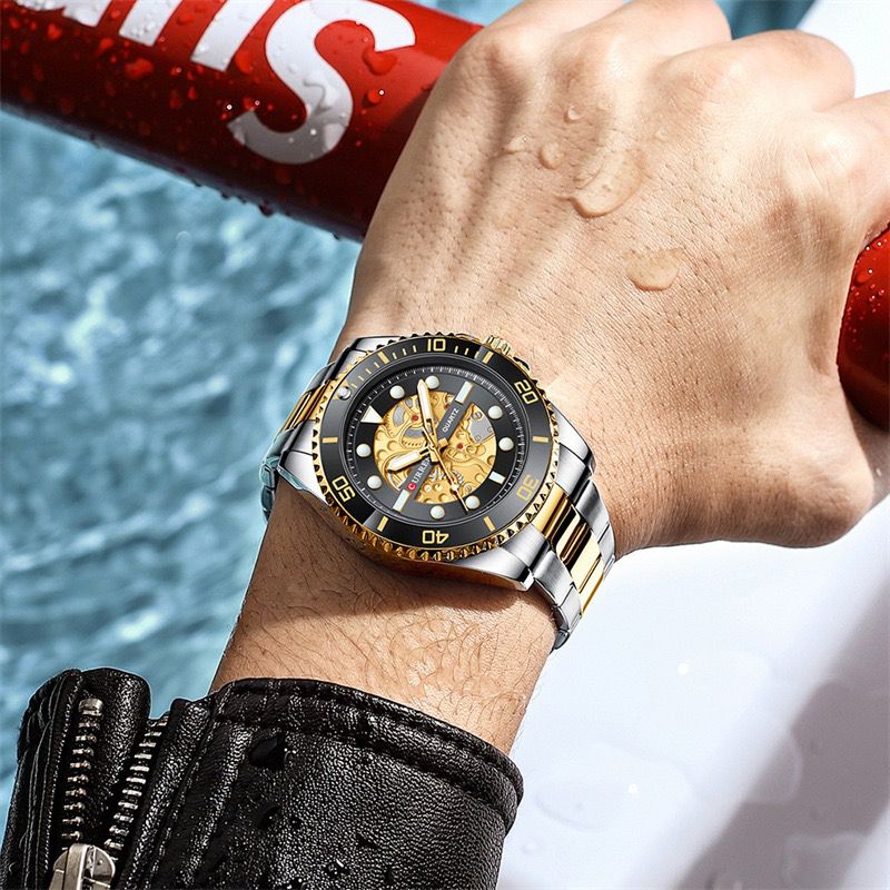 curren 8412 skeleton dial men's watch on wrist waterproof quartz watch